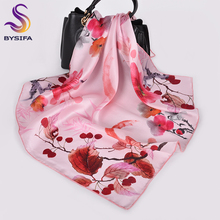 BYSIFA-bufanda de seda de lujo para Mujer, chal con estampado de flor de melocotón rosa, pañuelo de cuello para Mujer, 68x68cm 2024 - compra barato