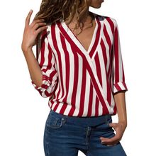 2018 Autumn Sexy V Neck Women Shirts Blouse Striped Long Sleeve Irregular Work Office Blouse Shirt Camisas Mujer 2024 - buy cheap