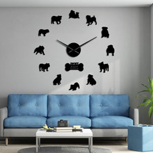 Inglês bulldog filhotes grande silencioso relógio de parede 3d bulldog britânico adesivos de parede diy sem moldura mudo relógio de parede do cão proprietário do animal de estimação presente 2024 - compre barato