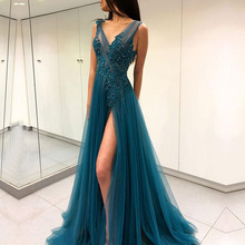 Robe de soiree Sexy Slit Ink Blue A Line V Neck Evening Dresses Long Applique Backless Evening Gown Formal Party Gown 2024 - buy cheap