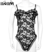 Mens Lingerie Sissy Bodycon Bodysuit Spaghetti Straps See Through Lace Nipple Splits with Ribbon Sissy Thong Bodysuit Nightwear 2024 - buy cheap