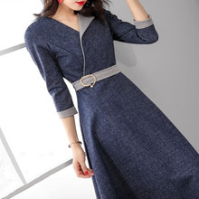 Spring New 2019 Women Fashion Denim Dress Women Three Quarter Sleeve Midi Dresses OL Work Wear A-line Dress Navy Blue RE2248 2024 - buy cheap