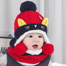 Children Hat Scarf Suit Winter Warm Knitted Cap Hats Cute Cat Cartoon Design Plus Velvet Earmuffs Baby Wool Caps 5-24 Months 2024 - buy cheap