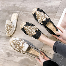 New Korean beading straw knit fisherman oxfords luxury handsewn women shoes pearls crystal laces mules loafers flats ladies 2019 2024 - buy cheap