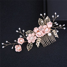 Luxury Romantic Pink Flower Bridal Hair Combs Headdress Prom Bridal Wedding Hair Accessories Gold Leaves Hair Jewelry Hair Pins 2024 - buy cheap