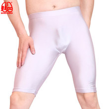 Sexy Men Oil Shiny Lycra Middle Pants Seamless Solid U Convex Pouch Half-Length Boxers Gay Wear Long Leg Underpants Dance Corset 2024 - compre barato