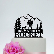 Custom Hiking Couple Theme Wedding Cake Topper,Backpack Bride and Groom with dog,Outdoor Mountain Wedding Cake Topper with tree 2024 - buy cheap