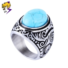 Bohemia Blue Oval Stone Ring Men Retro Stainless Steel Carved Flower Stone Rings Women Fashion Costume Jewelry 2024 - buy cheap