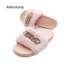 Summer Women Fur Slippers Fashion Diamond Chain Warm Shoes Woman Flats Fluffy Furry Casual Floor Flip Flops Sandals Home Shoes 2024 - buy cheap
