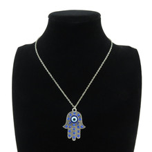 Free shipping R888 9-3 Blue Rhinestone Evil Eye Hamsa Hand Pendant Silver Chain Collar Necklace 18" 2024 - buy cheap