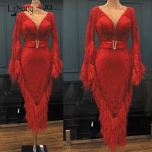 2019 red feather bainha rendas vestidos de baile alargamento mangas completas sexy tornozelo comprimento vestidos de noite com decote em v formal vestido de festa 2024 - compre barato