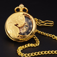 Ретро золотые полуполые Феникс Крылья резной чехол для мужчин ручной Ветер ожерелье Fob часы Мужские Модные Скелет Механические карманные часы 2024 - купить недорого