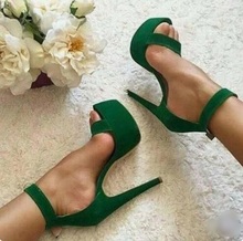 Sandalias de tacón cuadrado para mujer, zapatos sexys de gamuza verde, con hebilla en el tobillo y correa al tobillo, tacones gruesos de plataforma alta, para verano 2024 - compra barato
