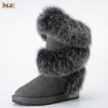 INOE-Botas de nieve de piel de zorro auténtica para mujer, zapatos cálidos de piel de oveja y ante, forrado de piel y lana Natural, color negro 2024 - compra barato