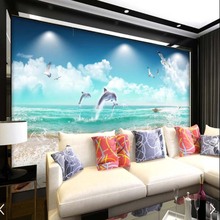 Papel de parede estampa 3d, fundo em azul céu, golfinho, mar, praia, mar, pássaro, mural para sala de estar, decoração mural de parede 2024 - compre barato