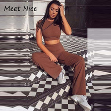 Two Piece Set Women Ribbed Bodycon Crop Top Loose Wide Leg Pants Set Sexy Autumn Casual Suit Joggers Tracksuit Women Outfits 2024 - buy cheap