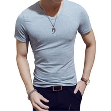 Elastic V Neck Men T Shirt Fitness Fashion Short Sleeve Male T-shirt Casual Solid Tshirt Brand Clothing Tee Tops 5XL 2024 - buy cheap