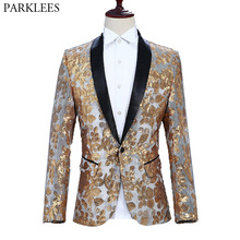 Shiny Gold Floral Sequin Velvet Blazer Men Brand Shawl Lapel One Button Suit Jacket for Party Club Dinner Wedding Prom Stage 2XL 2024 - buy cheap