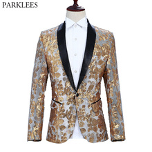 Chaqueta de lentejuelas doradas con estampado Floral brillante para hombre, chal de marca, solapa, traje con un botón, para fiesta, Club, cena, boda, graduación, escenario 2XL 2024 - compra barato