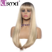 Usmei Blonde 24inch Long Synthetic Wig Bangs Black Brown Root Natural Headline Heat Resistant Hair Wigs for Women 130% cosplay 2024 - buy cheap