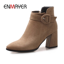 Enmayer nova moda feminina sólido apontado dedo do pé zip tornozelo botas senhora salto quadrado tornozelo botas tamanho grande 34-43 zyl640 2024 - compre barato