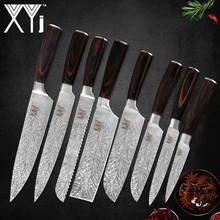 Xyj conjunto de facas de aço inoxidável, 8 peças, lâmina afiada de damasco padrão 7cr17, cabo antiderrapante de madeira, faca de chef, acessório de cozinha e carne 2024 - compre barato