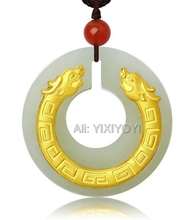 Natural White Grade A Jadeite Jade + 18K Solid Gold Chinese Round Buckle Dragon Amulet Pendant + Necklace Jewelry Certificate 2024 - buy cheap