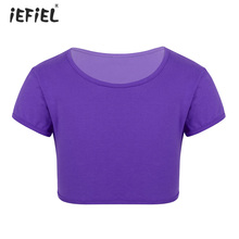 IEFiEL-Camiseta de baile de Color sólido para niñas, camiseta de manga corta, Top corto para vientre de deporte para baile, ropa gimnástica de uso diario 2024 - compra barato