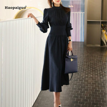 Solid Spring A-line Dress 2019 Women Plus Size Navy Blue Full Sleeve Stand Ankle-length Casual Office Dress Elegant Work Dresses 2024 - buy cheap