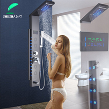 SHBSHAIMY negro/cepillado Panel de ducha LED columna 5 vías lluvia cascada ducha con pantalla Digital ducha de baño completo de la tecnología 2024 - compra barato