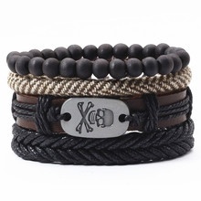 Pulseira masculina e feminina, bracelete de couro com múltiplas camadas vintage, pingente de cabeça de caveira, pena e folhas 2024 - compre barato