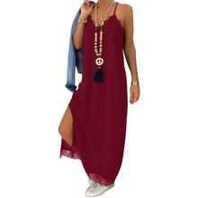 Vestido largo femenino de verano con tirantes finos, minivestido Sexy de Color liso con escote triangular, corte de encaje, estilo bohemio, para playa 2024 - compra barato