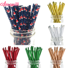 Amawill 25pcs Christmas Hat Pattern Paper Straws New Year Party Red&Green Drinking Straw For Xmas Table Decoration Noel 75D 2024 - buy cheap