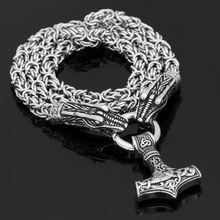 Men Stainless steel Nordic viking wolf dragon head with thor hammer pendant necklace with King chain 2024 - buy cheap