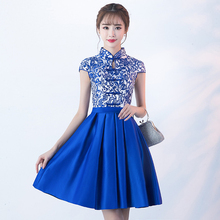 Fashion Blue And White Porcelain Chinese Dress Qipao Traditional Cheongsam Short Show Banquet Annual Meeting Evening Gown 2024 - buy cheap