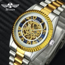 Relógio mecânico de carro winner, marca oficial, luxo, masculino, aço inoxidável, pulseira, azul, numeral romano, mostrador de esqueleto, mostrador, vestido, relógio de pulso 2024 - compre barato