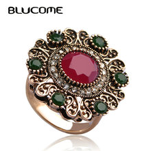 Blucome Turkish Vintage Ring Red Resin Sculpture Garland Rhinestone Jewelry Women's Party Banquet Large Size Finger Accessories 2024 - buy cheap
