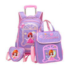 Linda princesa 3 unids/set mochila para niños mochilas escolares para niñas de 1-5 grado mochila con ruedas desmontable para niños bolso 2024 - compra barato