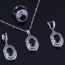 Rare Oval Egg Black Cubic Zirconia White CZ Silver Plated Jewelry Sets Earrings Pendant Chain Ring V0272 2024 - buy cheap