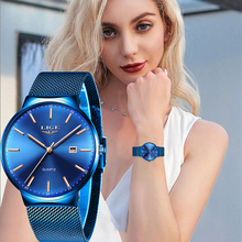 LIGE женские часы Топ бренд класса люкс аналоговые кварцевые часы женские Полностью синие сетчатые часы из нержавеющей стали модные ультра-тонкие часы с циферблатом 2024 - купить недорого