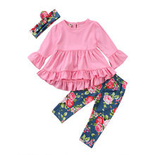 Conjunto de ropa para niñas y bebés de 3 piezas, conjunto de Ropa para Niñas de otoño, Conjunto de camiseta Top, pantalones florales, diadema para fiestas 2024 - compra barato