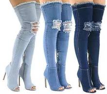 2017 woman denim blue over the knee boots sexy open toe high heel holes denim boots woman thigh high boots thin heel jeans boots 2024 - buy cheap
