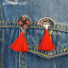 QIHE JEWELRY 2pcs/set Traditional Fan and Lantern pin Sakura Cherry Blossom with Red Tassel Brooches Badges Lapel pins 2024 - buy cheap