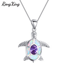 RongXing-gargantilla de animales de moda, collar de zirconio ovalado, piedra de nacimiento púrpura, Color plata, Ópalo de fuego blanco, colgantes de tortuga, regalos 2024 - compra barato