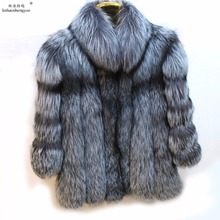 Linhaoshengyue-abrigo de piel de zorro natural plateada para mujer, abrigo de piel auténtica de zorro con cuello levantado, moda de invierno 2024 - compra barato