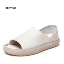 2022 New Summer Fish Mouth Wild Full Real Leather Sandals Women Shoes Flat Non-slip Soft Comfortable  Women Sandals Casual Shoes 2024 - buy cheap