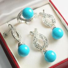 ¡Oferta! Bonita Nueva joyería chapada + colgante de perla de concha azul de 12mm, pendientes, juego de anillos 2024 - compra barato