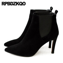 Fur Stiletto Pointed Toe Black Winter Suede Women Ankle Boots Medium Heel Big Size Shoes High Chelsea Genuine Leather Booties 2024 - buy cheap