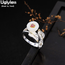 Uglyless-anillo abierto de hojas para mujer, Plata de Ley 100% 925 auténtica, hecho a mano, flor de Jade Natural, joyería fina, Bisutería 2024 - compra barato