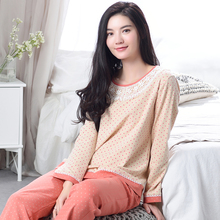 Pijamas de otoño para mujer 100% pijama de encaje de algodón conjunto de manga larga de cuello redondo suelto suave más tamaño M-3XL ropa de dormir para mujer 2024 - compra barato